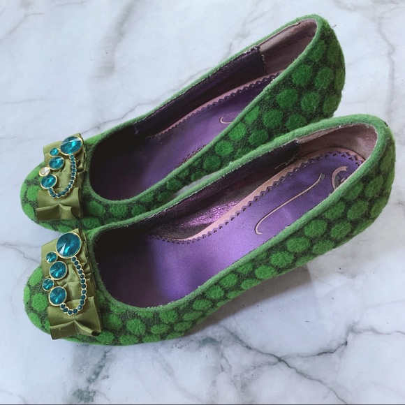 Poetic License Shoes - Unique green heels with blue rhinestones